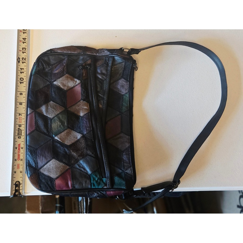 Vintage Patchwork Leather Shoulder Bag Black Multicolor Geometric Purse - Picture 3 of 8